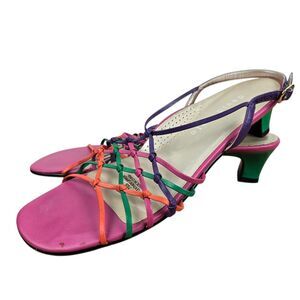 David Tate Multicolor Rainbow Knot Weave Net Slingback Pumps Heels Leather 7 SS